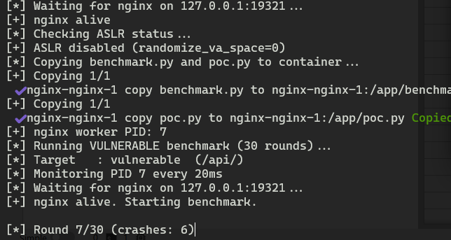 Exploit rodando: crash do worker nginx após payload estruturado