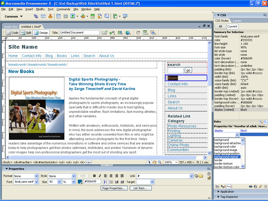Interface do Macromedia Dreamweaver MX com painel de design e código