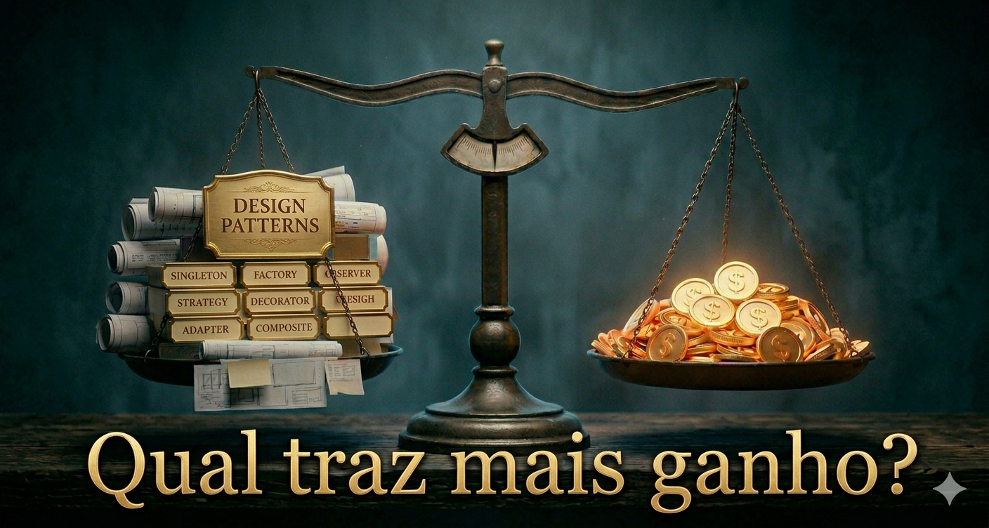 Balança com diferentes formas de organização de código de um lado e tokens do outro, representando o custo de cada estrutura