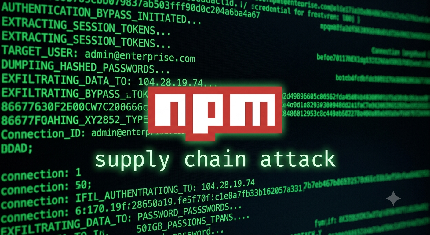 Terminal mostrando npm install rodando enquanto credenciais são exfiltradas silenciosamente